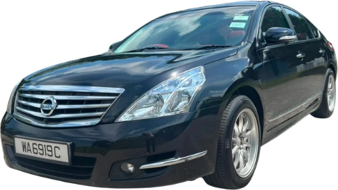 Black Nissan Teana sedan, front three-quarter view